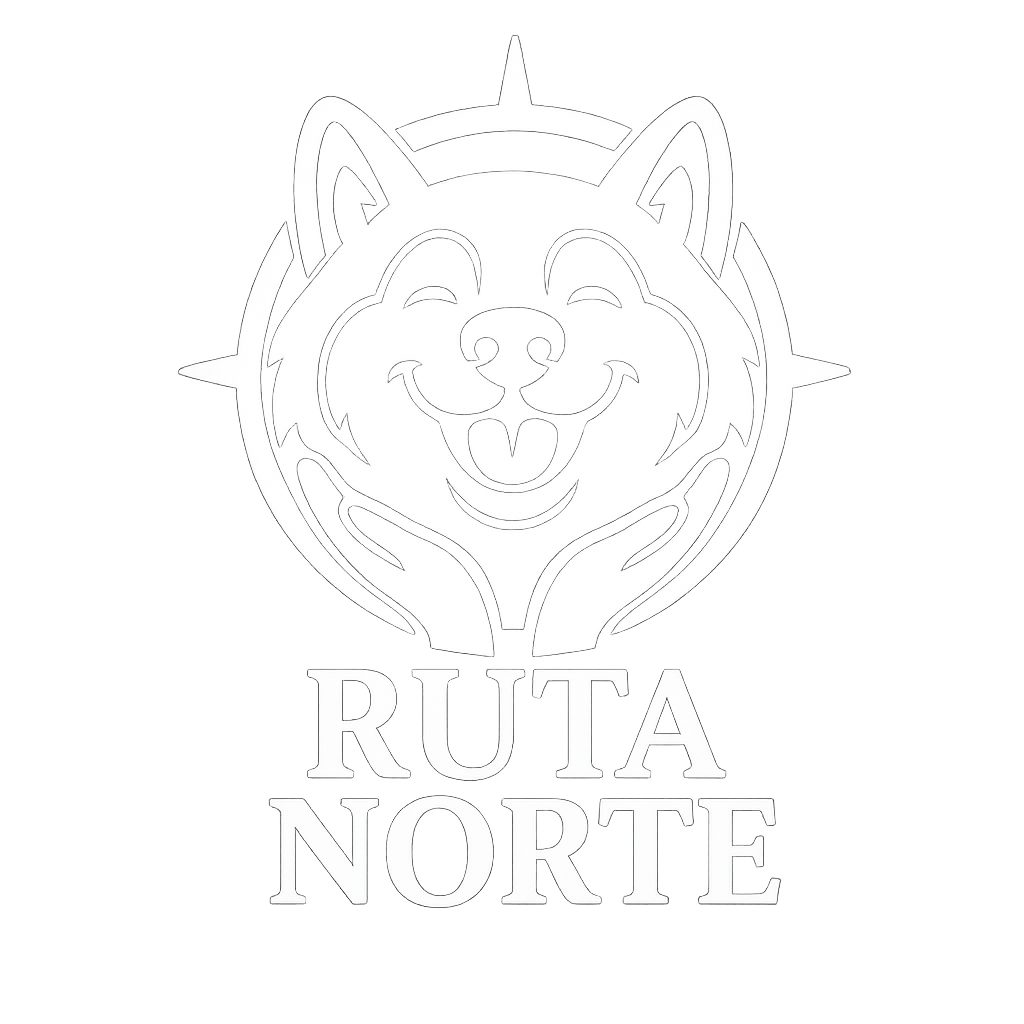 Logo vectorial verde de Ruta Norte, criadero y residencia canina especializada en Alaskan Malamute, con diseño de brújula y silueta de perro abrazado por manos